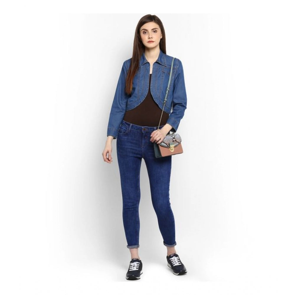 Blue denim shrug for women — side angle