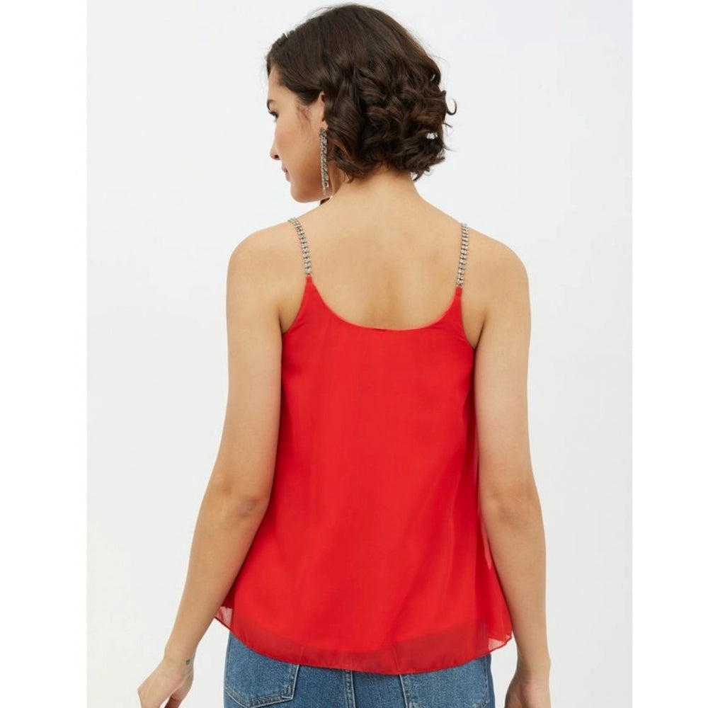 Red polyester top for women — detail view