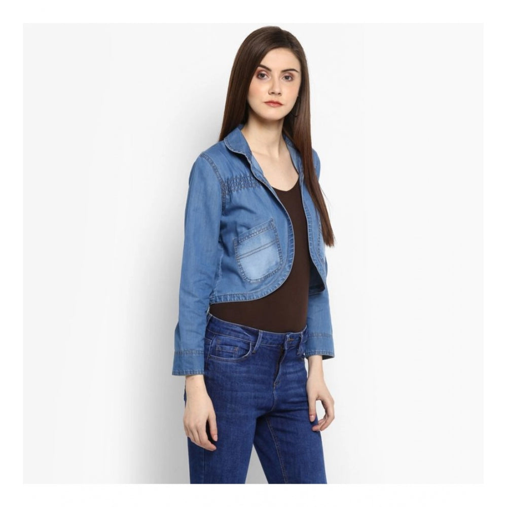 Blue denim shrug for women — styled view