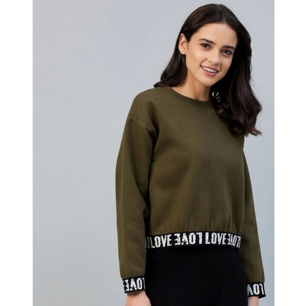 Olive fleece sweatshirt for women — close-up