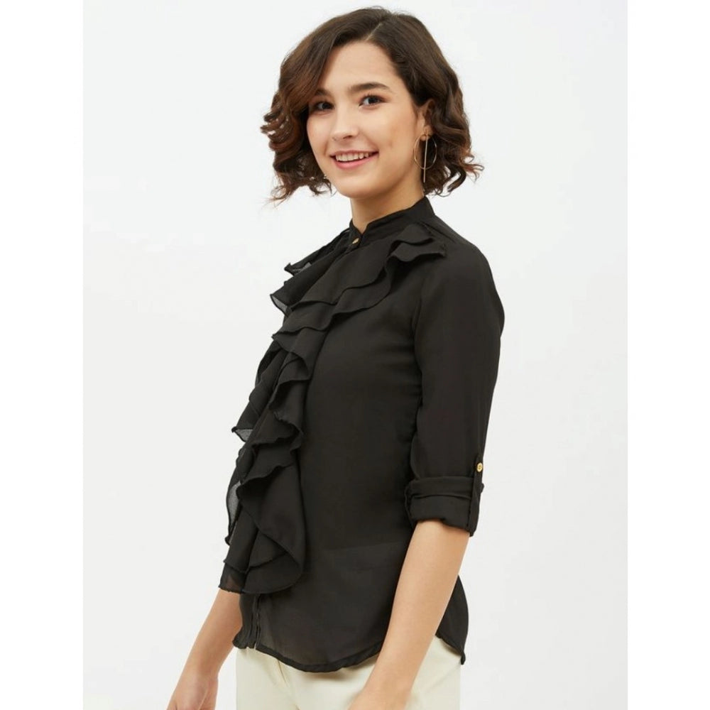 Black polyester shirt for women — close-up
