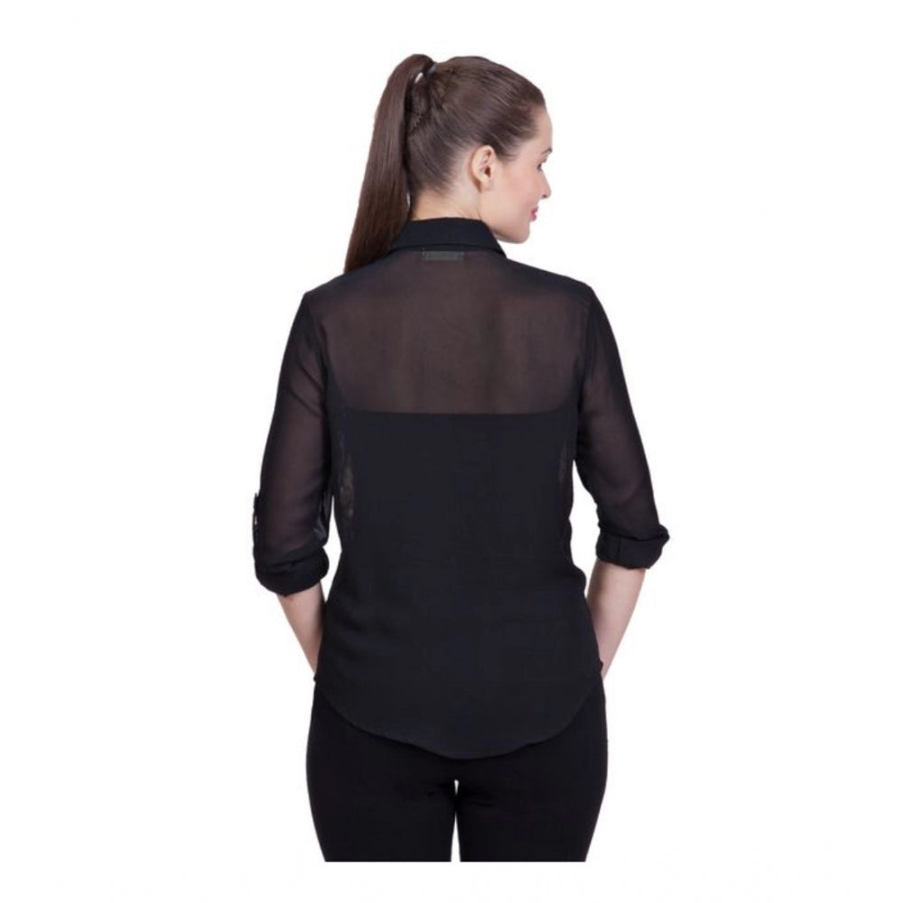Black polyester shirt for women — detail view