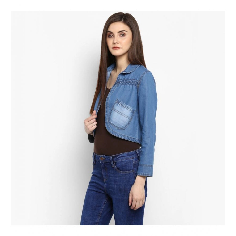 Blue denim shrug for women — close-up