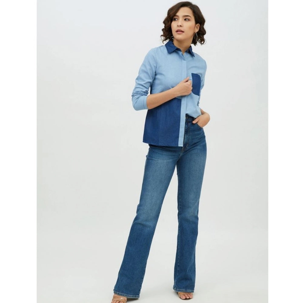 Blue denim shirt for women — side angle