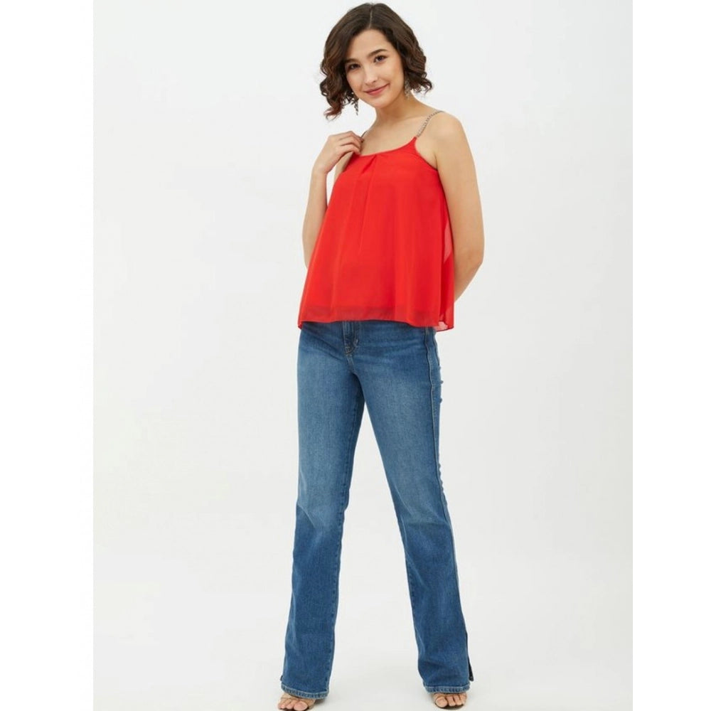 Red polyester top for women — side angle