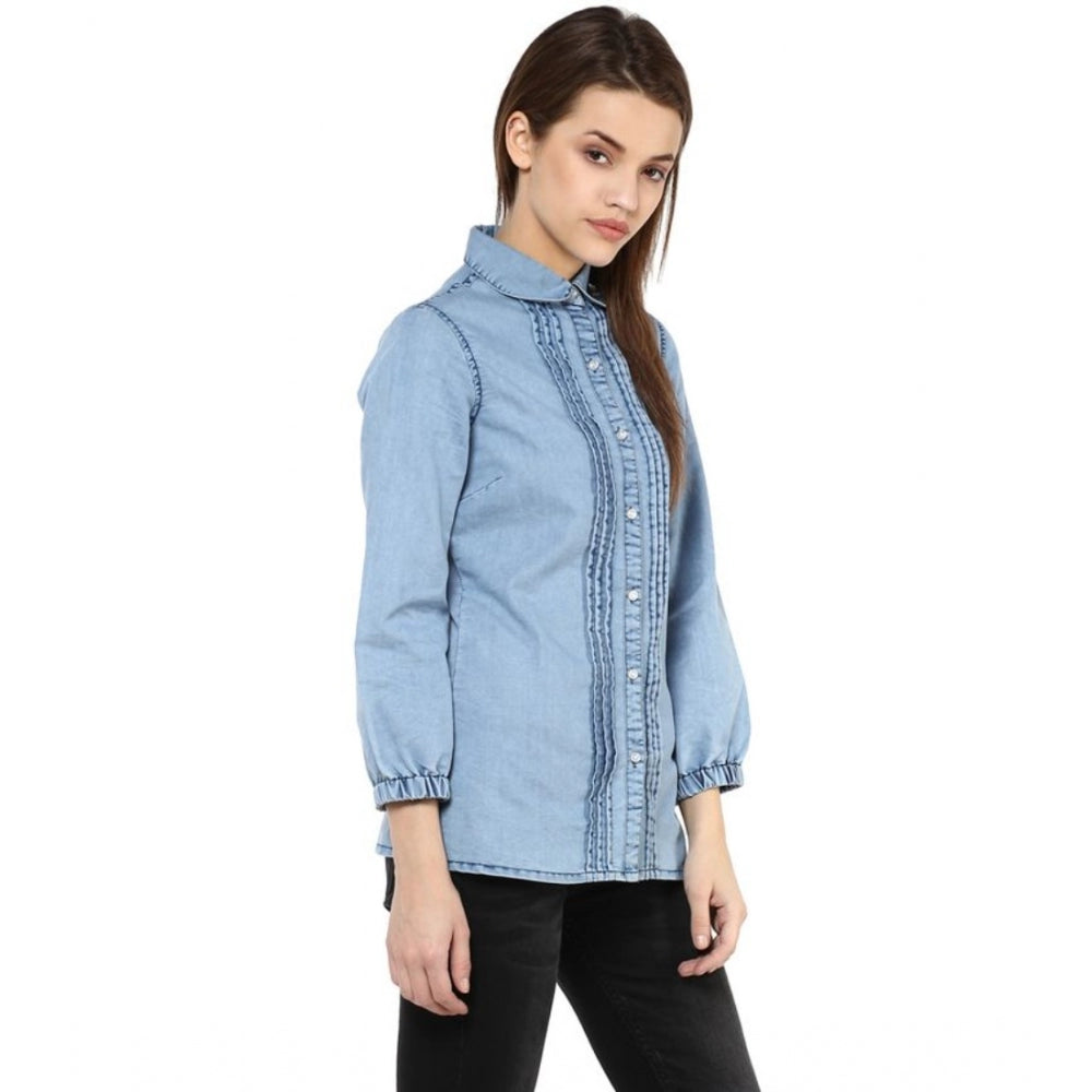 Blue denim shirt for women — styled view