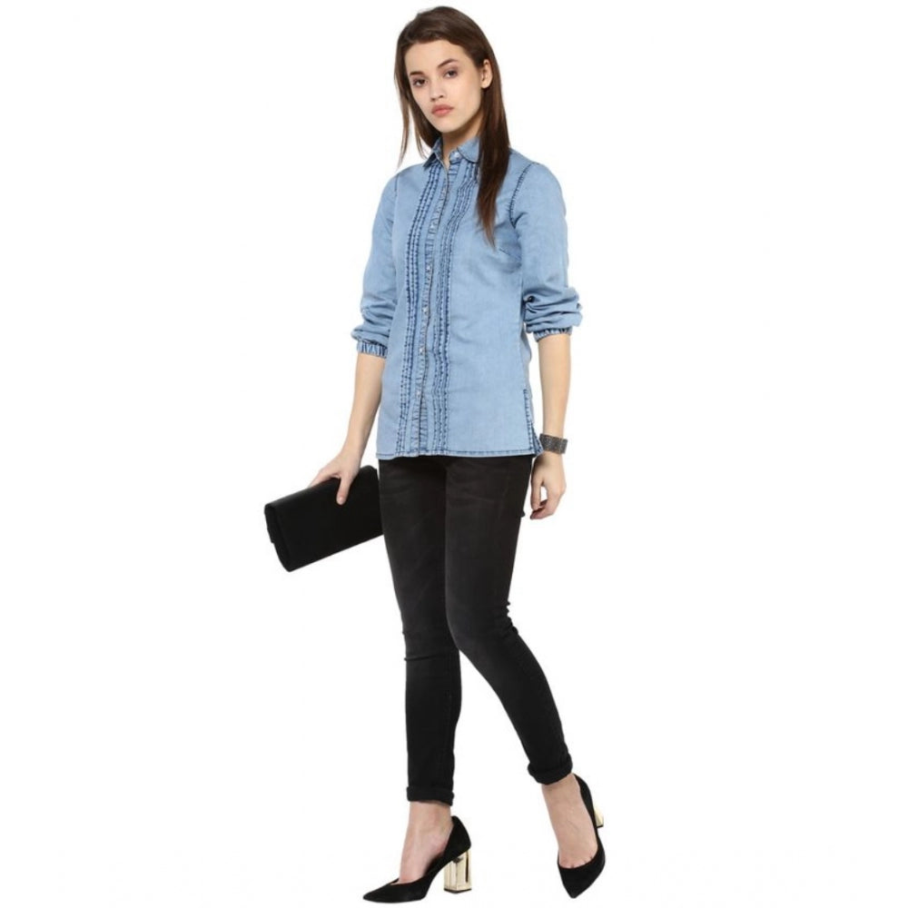Blue denim shirt for women — side angle