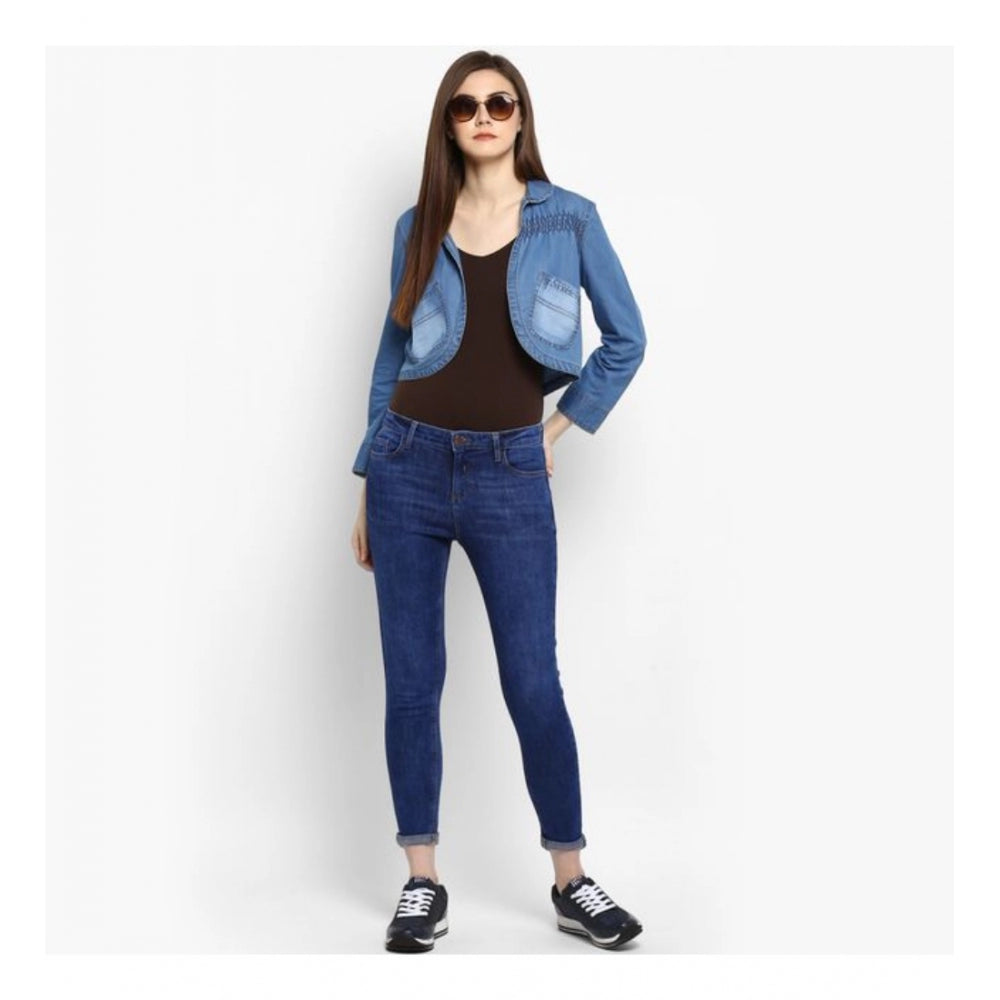 Blue denim shrug for women — side angle