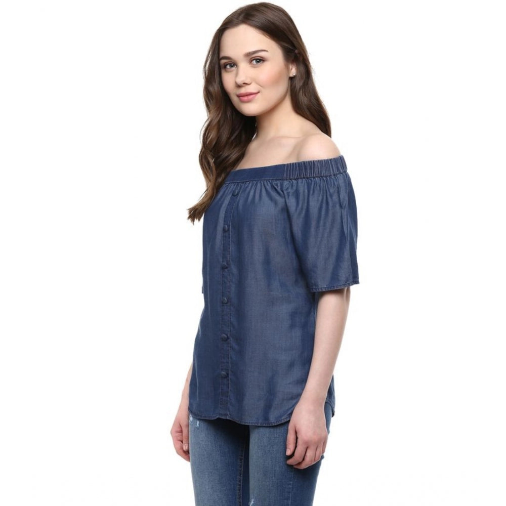 Blue denim top for women — close-up