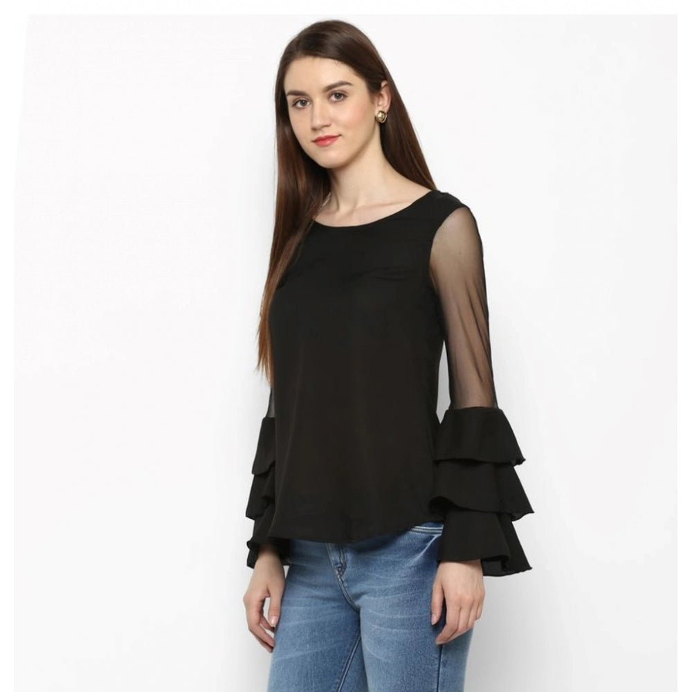 Black polyester top for women — close-up