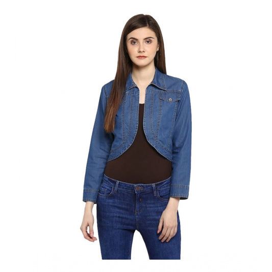 Blue denim shrug for women — front view