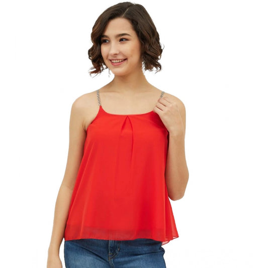 Red polyester top for women — front view