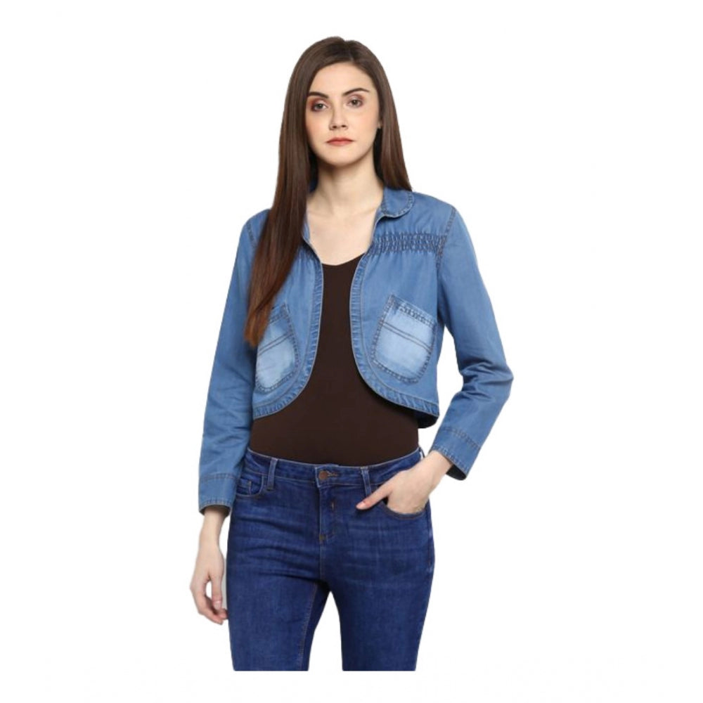 Blue denim shrug for women — front view