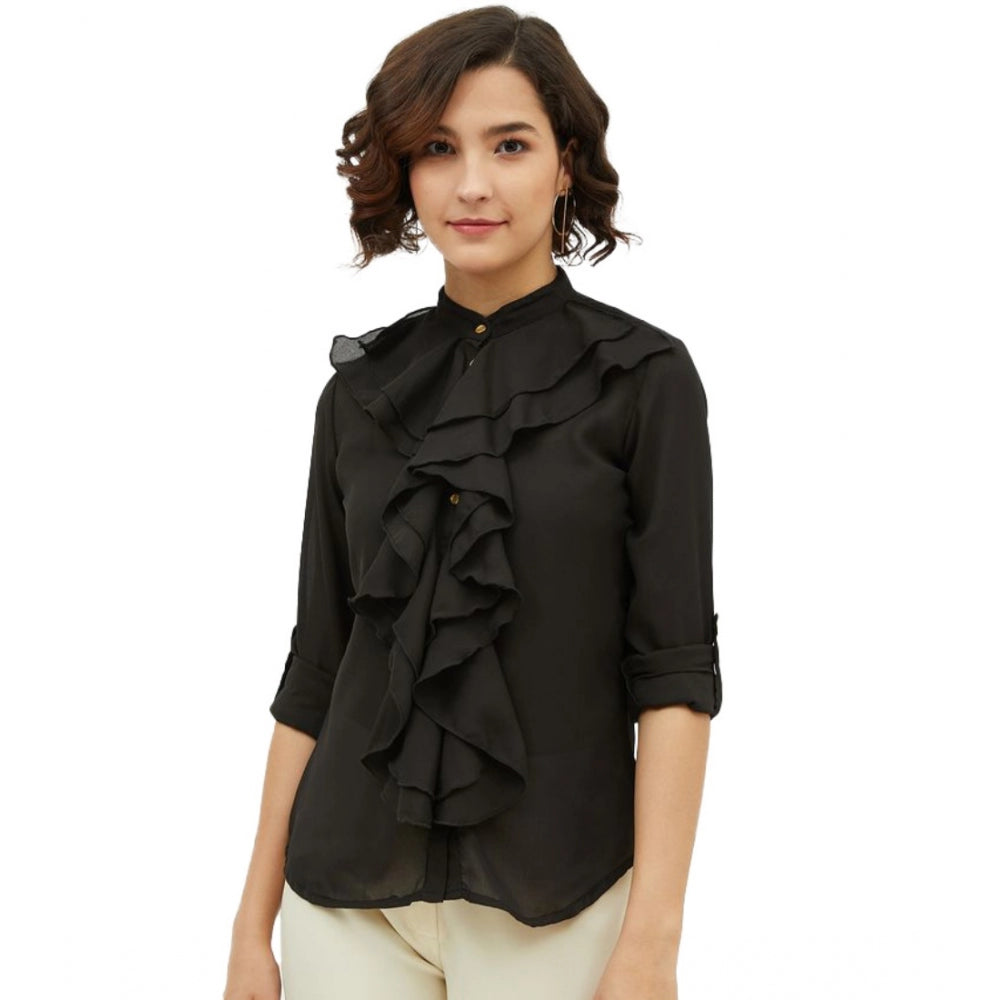 Black polyester shirt for women — front view