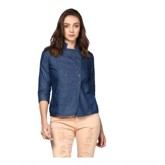 Blue denim top for women — front view