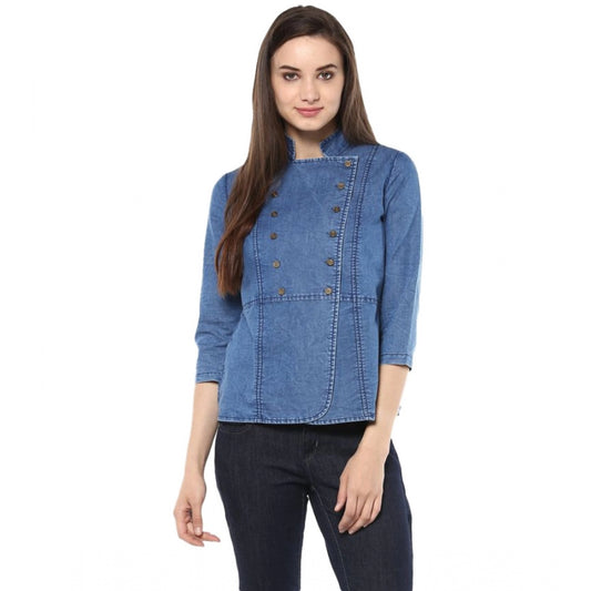 Blue denim top for women — front view