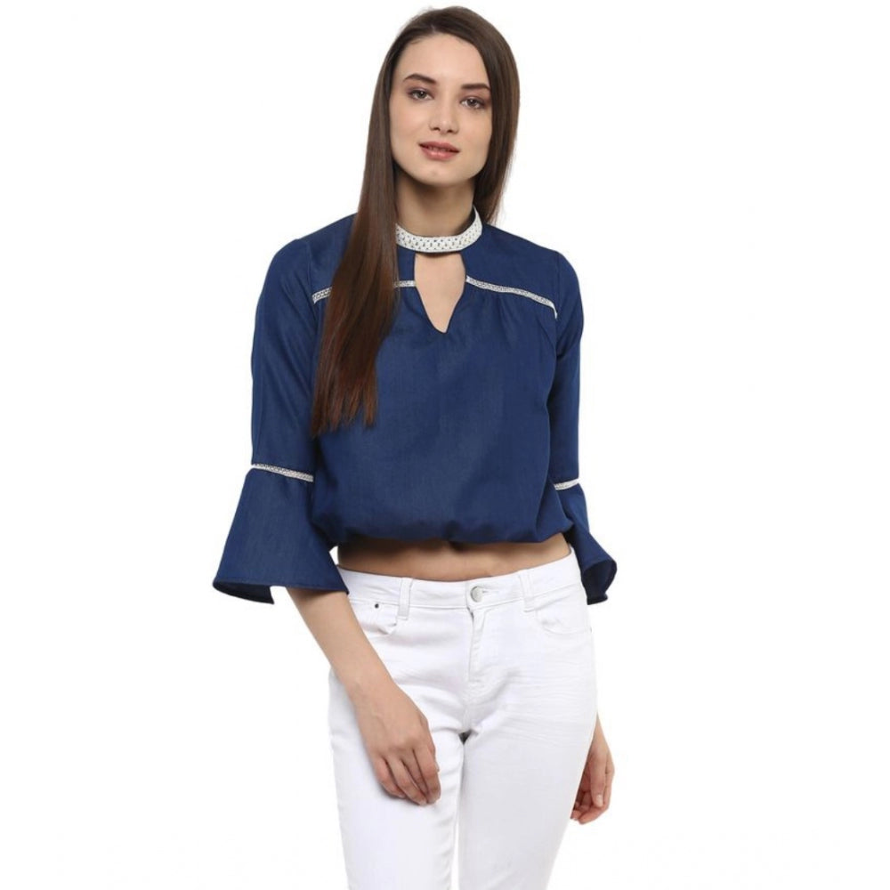 Blue polyester top for women — front view