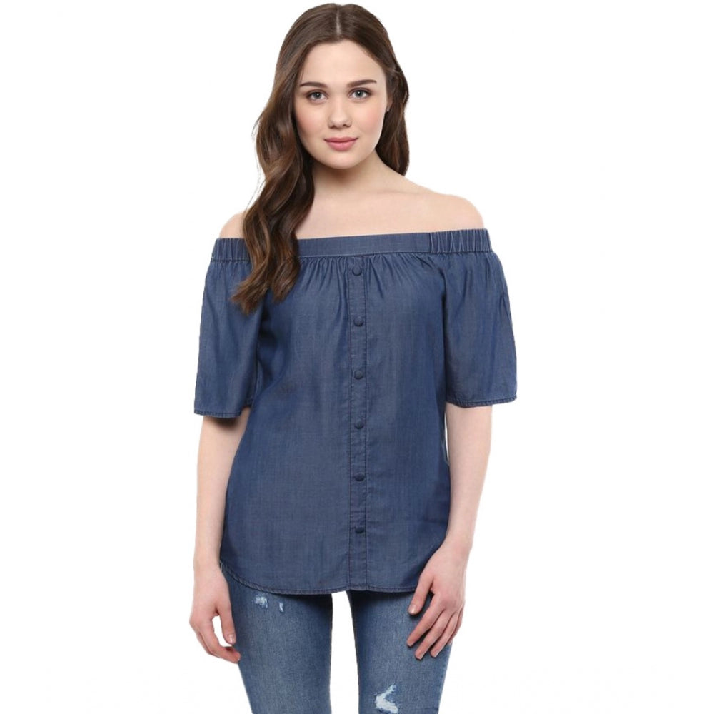 Blue denim top for women — front view