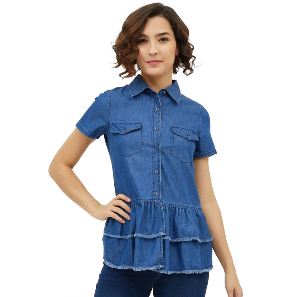 Blue denim peplum top for women — front view