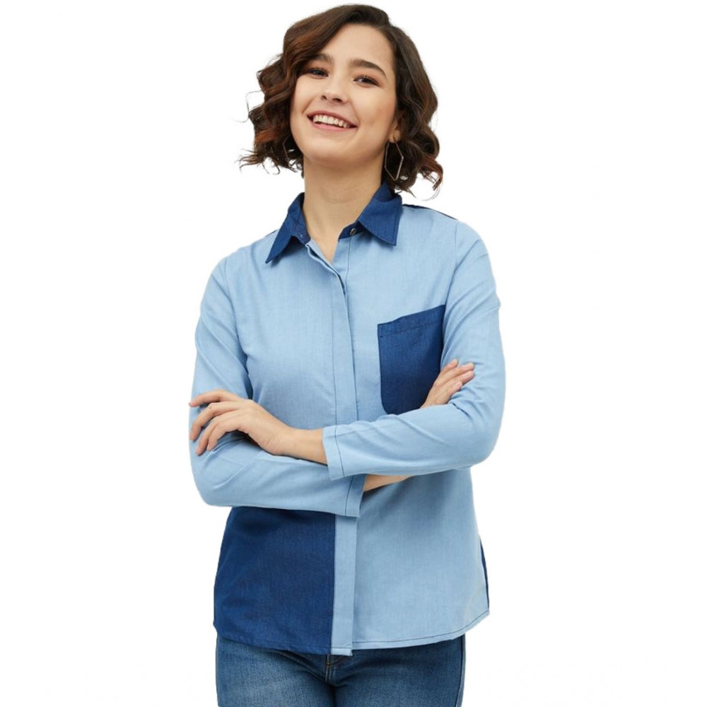 Blue denim shirt for women — front view