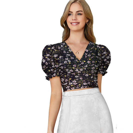 Black knit top for women — front view