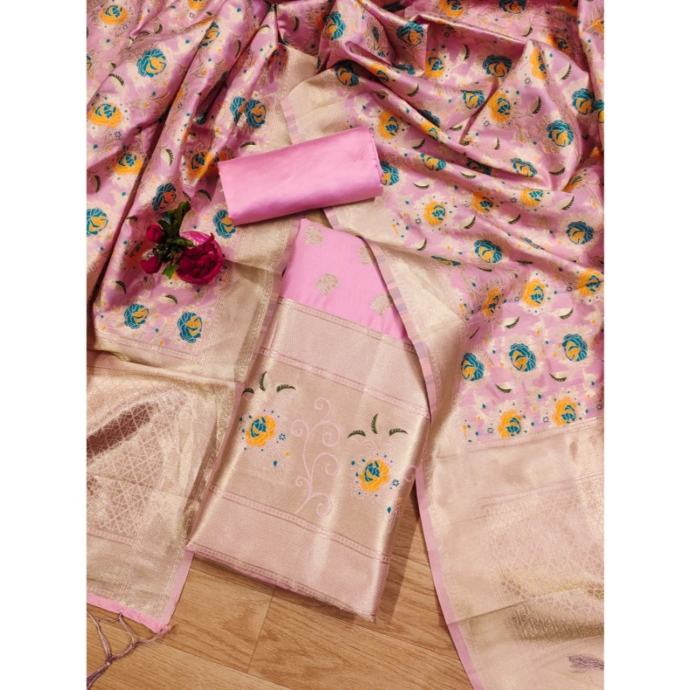 Pink banarasi silk unstitched salwar suit material — full set view