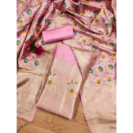 Pink banarasi silk unstitched salwar suit material — full set view