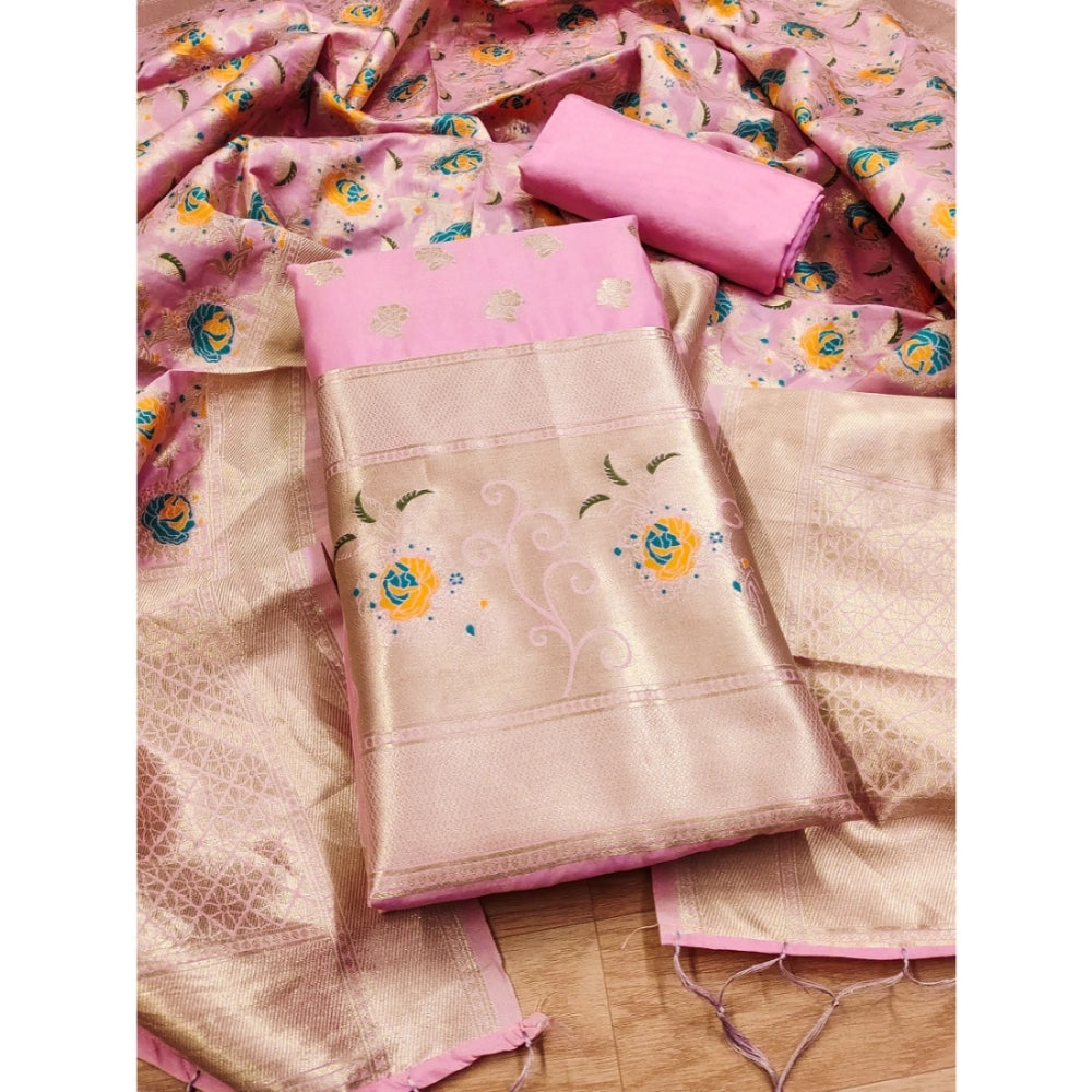 Pink banarasi silk unstitched salwar suit material — dupatta view