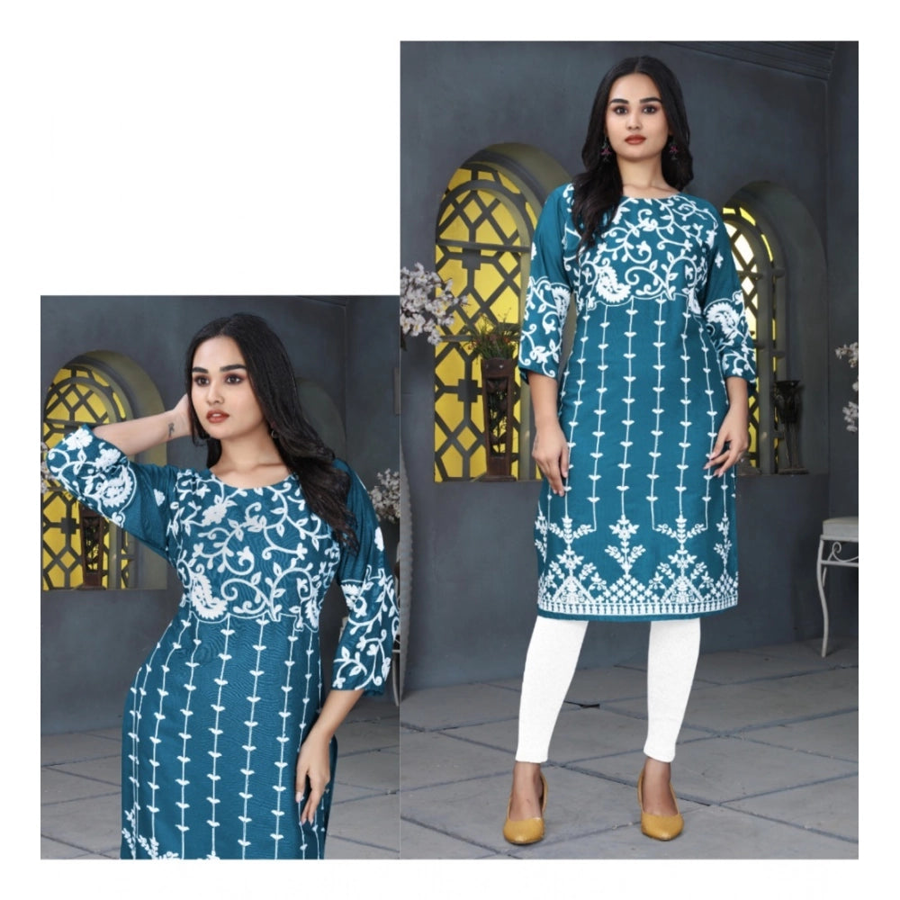 Women's Rayon Printed Round Neck 3-4th Sleeve Kurti (Rama)