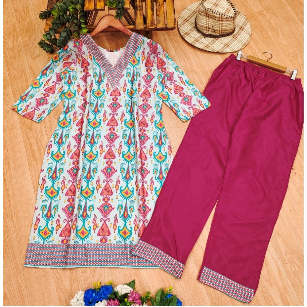Women's Rayon Printed V Neck 3-4th Sleeve Kurti With Pant Set (Pink)
