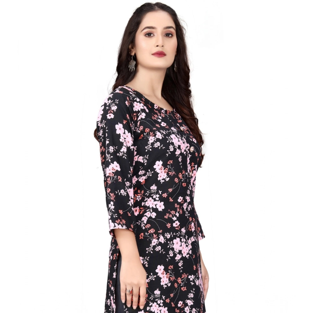 Women's Rayon Printed Round Neck 3-4 th Sleeve Kurti (Black)