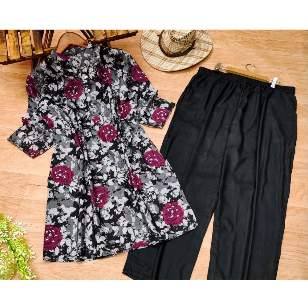 Women's Muslin Printed Mandarin Collar 3-4th Sleeve Kurti With Pant Set (Grey)