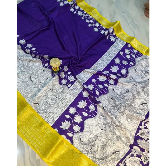 Women's Dola Silk Printed Saree With Unstitched Blouse 5.5Mtr (Purple )