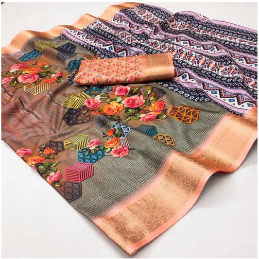 Women's Cotton Silk Printed Saree With Unstitched Blouse 5.5Mtr (Multicolor)