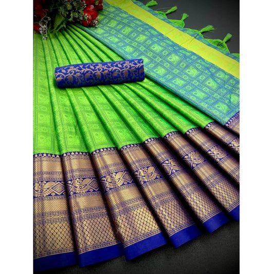 Women's Cotton Silk Printed Saree With Unstitched Blouse 5.5Mtr (Green)