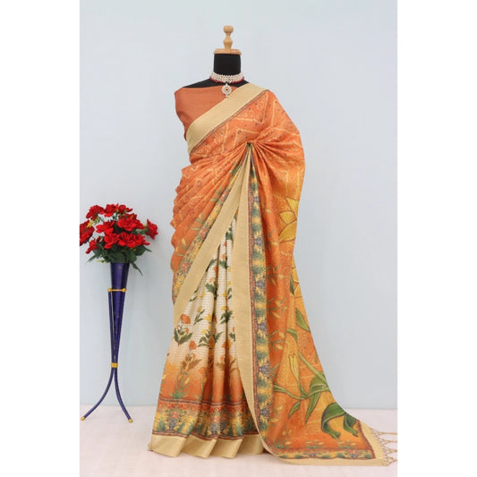 Women's Mysore Silk  Digital Print Saree With Unstitched Blouse 5.5Mtr (Mustard)