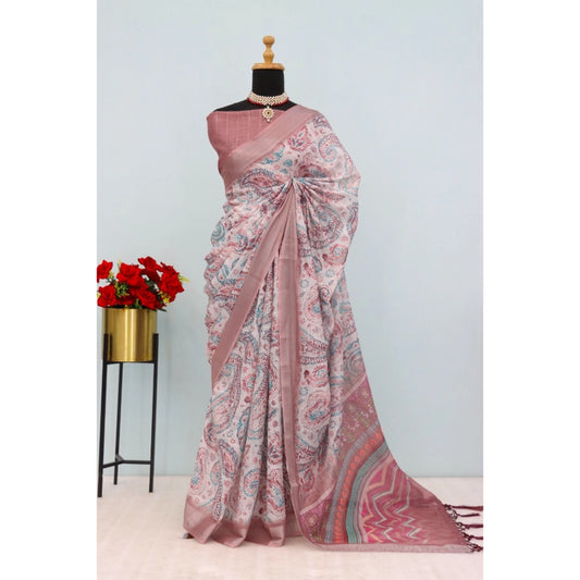 Women's Linen Digital Print Saree With Unstitched Blouse 5.5Mtr (Brown)