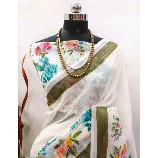 Women's Cotton Linen Printed Saree With Unstitched Blouse 5.5Mtr (Multicolor)