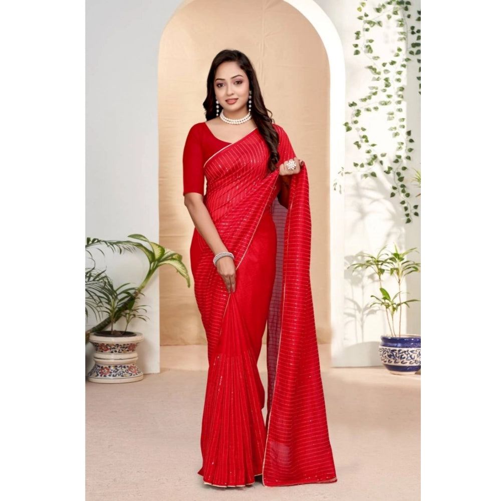 Red vichitra silk saree for women — full drape view