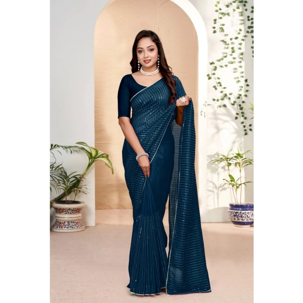 Blue vichitra silk saree for women — full drape view