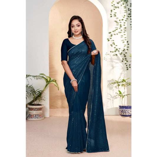 Blue vichitra silk saree for women — full drape view