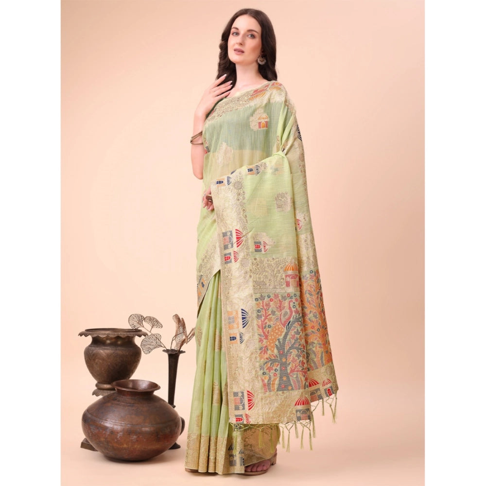 Light Green linen cotton saree for women — full drape view