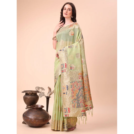 Light Green linen cotton saree for women — full drape view