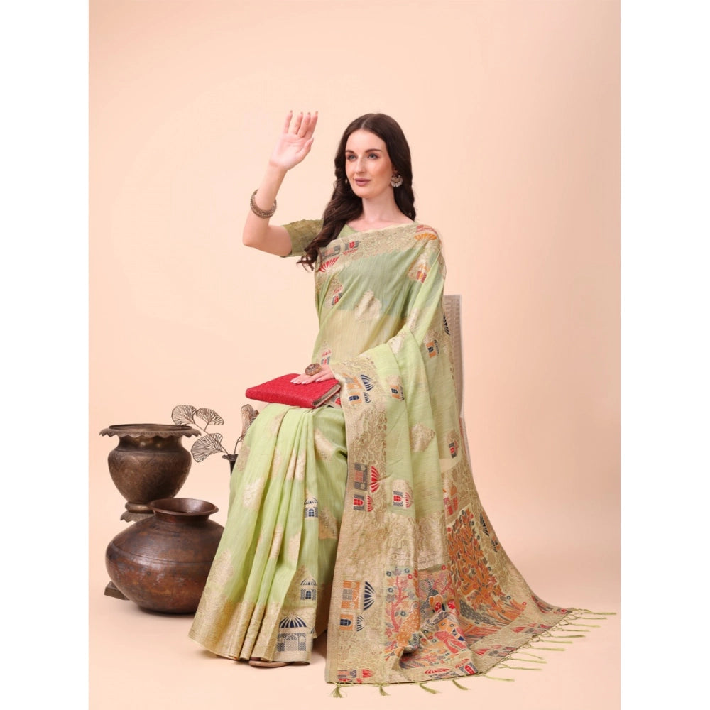 Light Green linen cotton saree for women — pallu detail