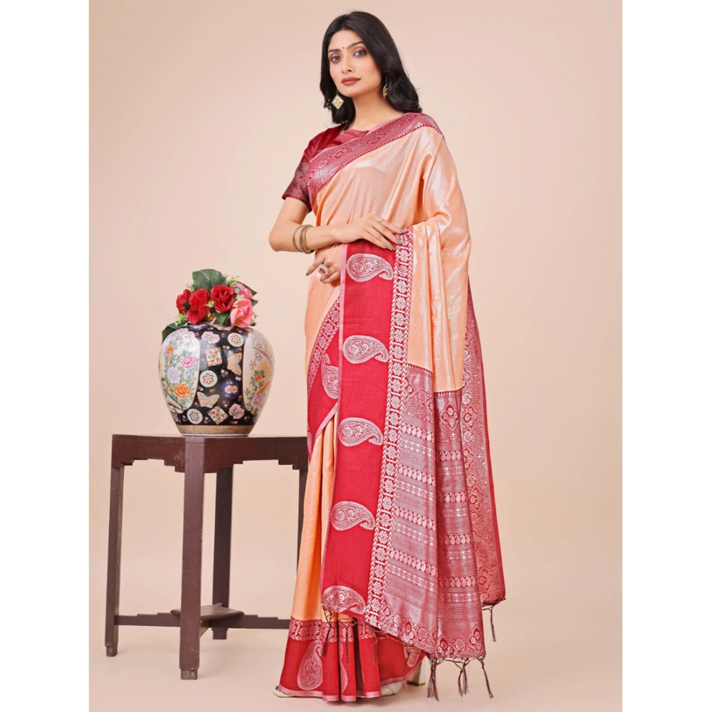 Peach lichi silk saree for women — full drape view