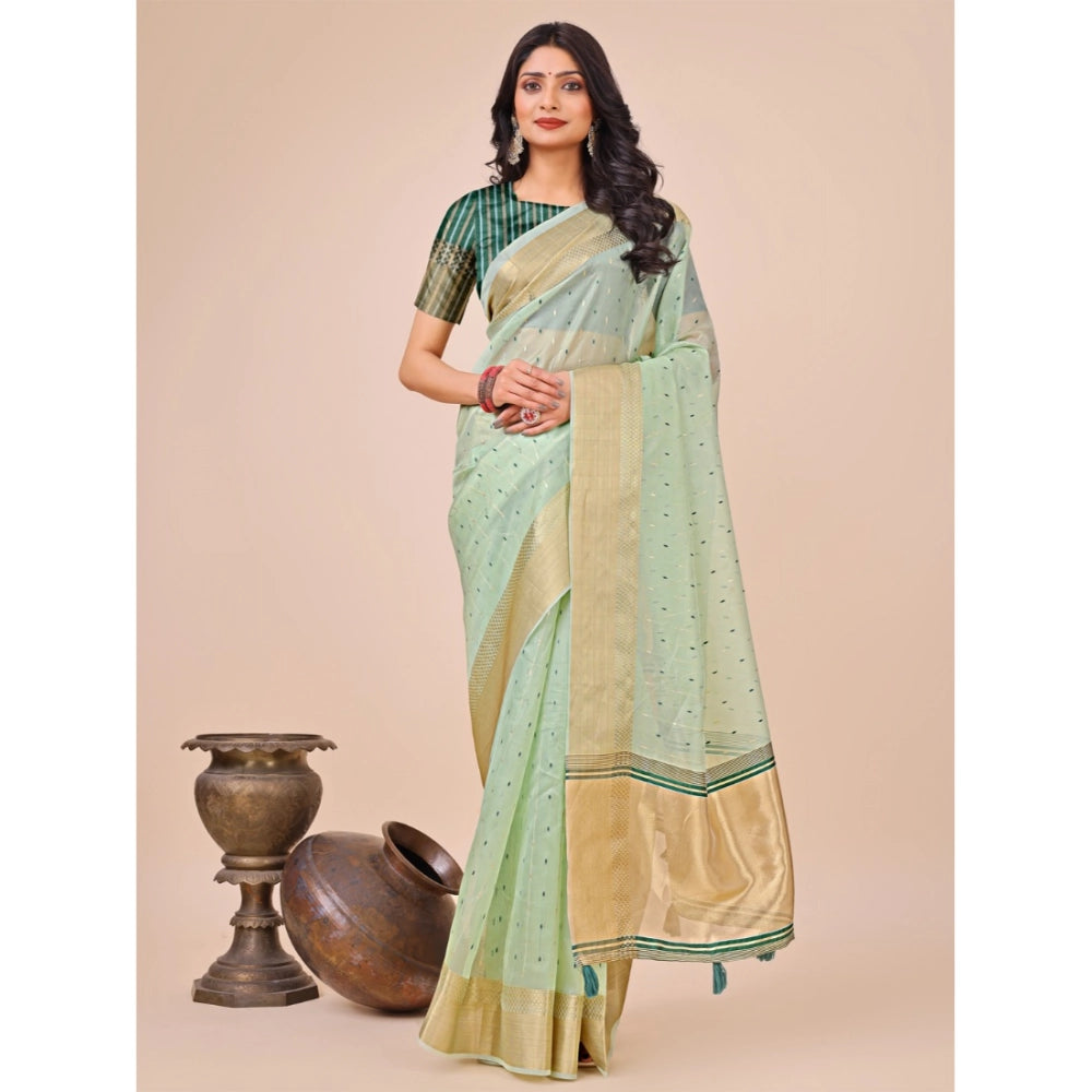 Olive Green organza saree for women — full drape view