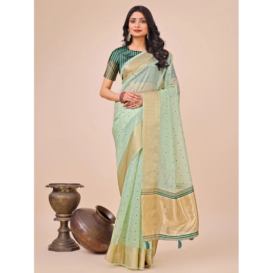 Olive Green organza saree for women — full drape view