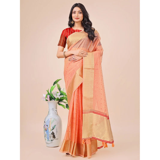 Peach organza saree for women — full drape view