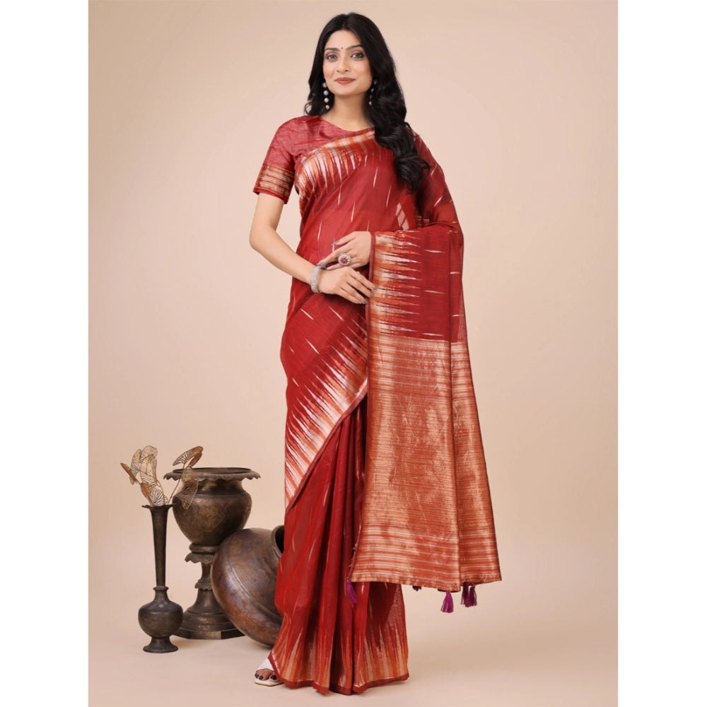 Red linen cotton saree for women — full drape view