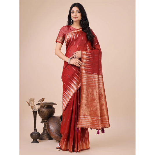 Red linen cotton saree for women — full drape view